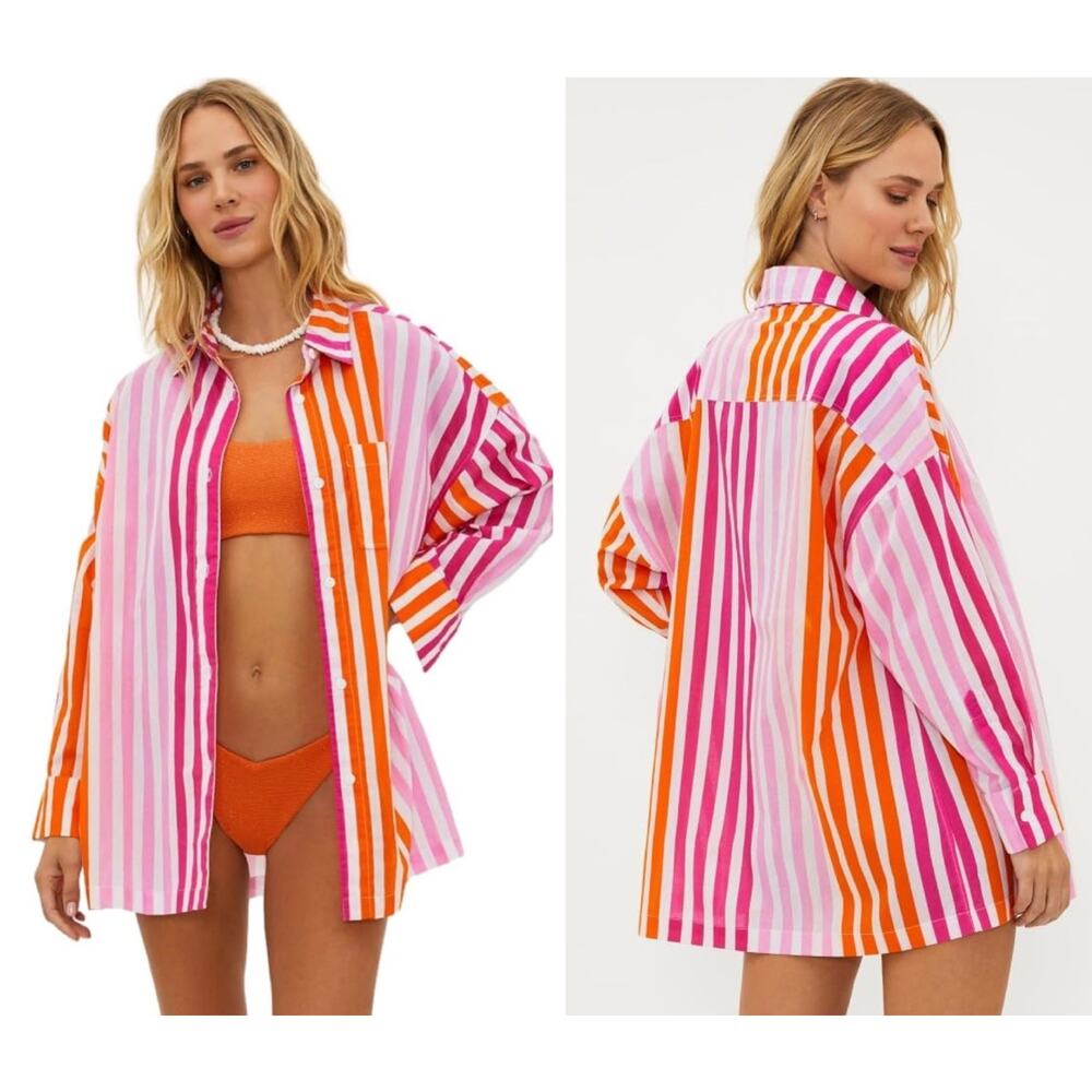 Beach Riot L/XL Alexa Striped Button-Up Shirt Sunset Stripe Orange Pink Cover Up